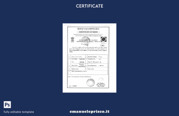 modello di certificato di nascita dell'ufficio India Bhuj Nagarpalika in stile v